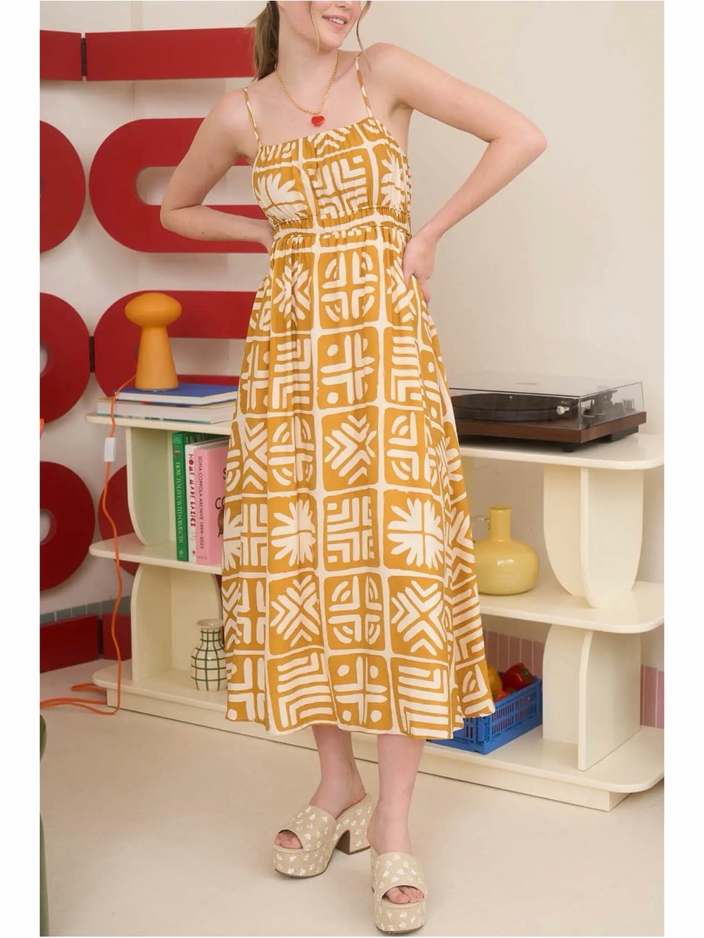 Blu Pepper Yellow Tile Print Midi Dress Medium